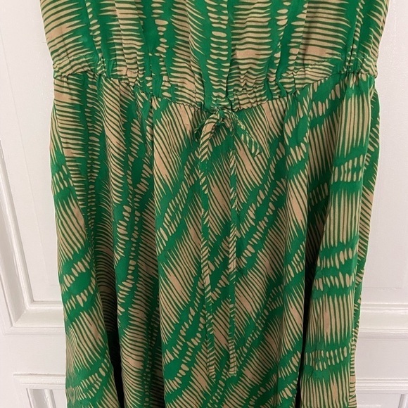 Cynthia Vincent Silk Green Tan Tribal Pattern Tie Waist Flowy Sleeveless Dress - Picture 4 of 12
